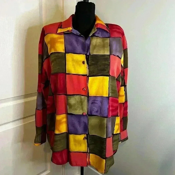Le Caviar Vintage 80s Women's 8 Blouse, Button‎ Up RetroLong Sleeve Color Block - Picture 1 of 8